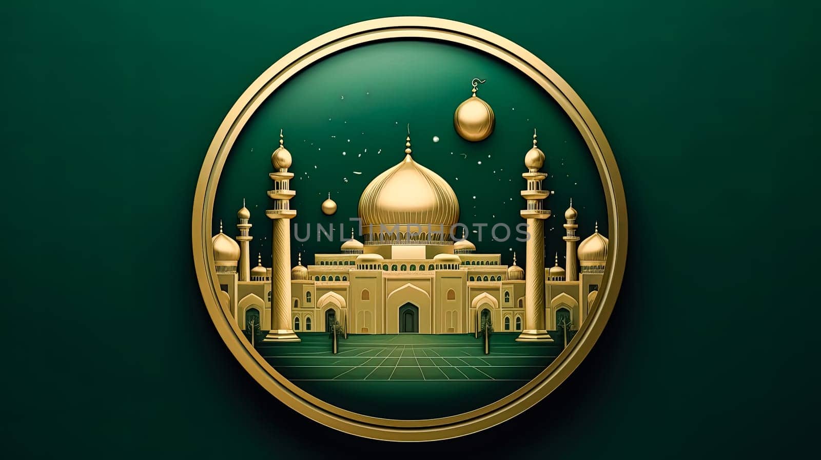 Illuminated mosque, A festive Ramadan night an enchanting visual conveying the joy and blessings of the season with Ramadan Mubarak greetings