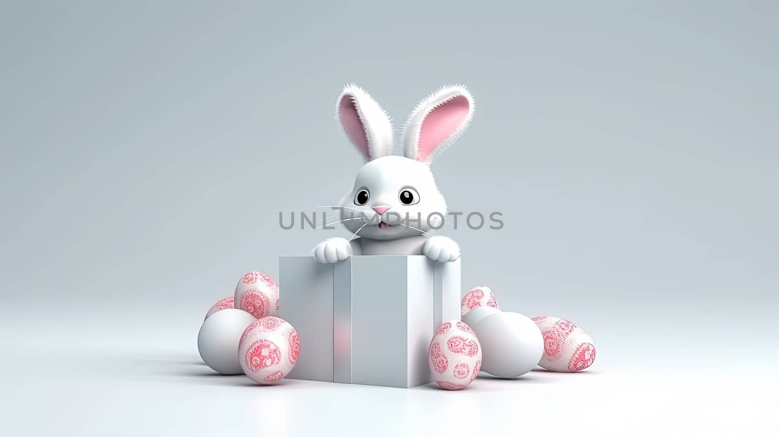 A colorful holiday, the Easter Bunny sits in a gift box surrounded by Easter eggs, a joyful illustration that captures the essence of the festive spirit of Easter and the vibrant energy of spring.