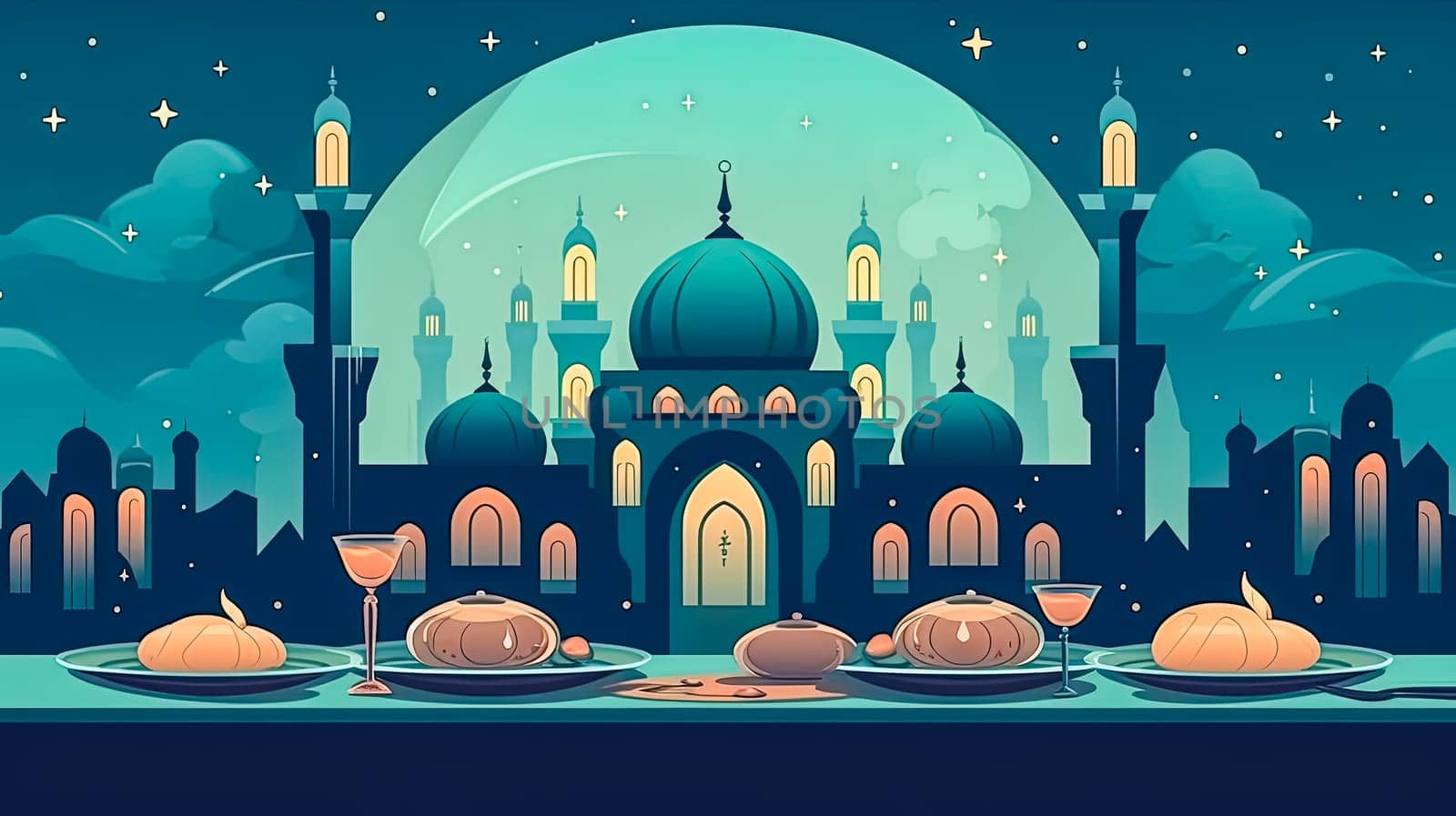 Night of blessings, A mosque adorned with lights, a radiant symbol of Ramadan Mubarak an enchanting scene capturing the essence of the holy month