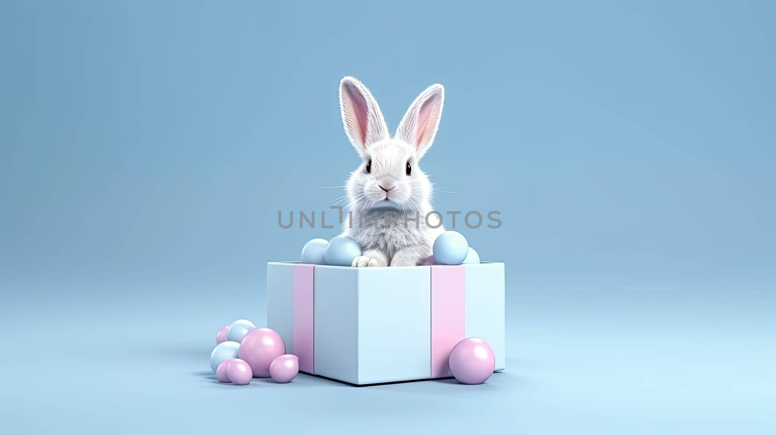 the Easter Bunny sits in a gift box surrounded by Easter eggs by Alla_Morozova93