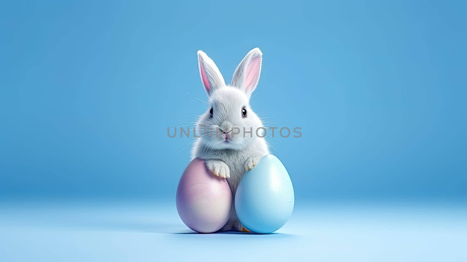 The Easter bunny is happy, sitting on colored paper by Alla_Morozova93