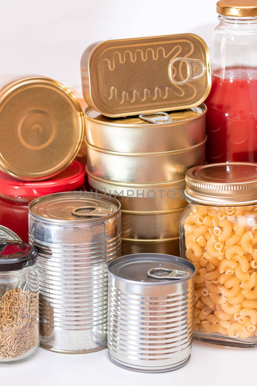 Food Reserves: Canned Food, Spaghetti, Pate, Tuna, Tomato Juice, Pasta, Fish and Grocery. Emergency Food Storage in Case of Crisis. Strategic Food Supplies