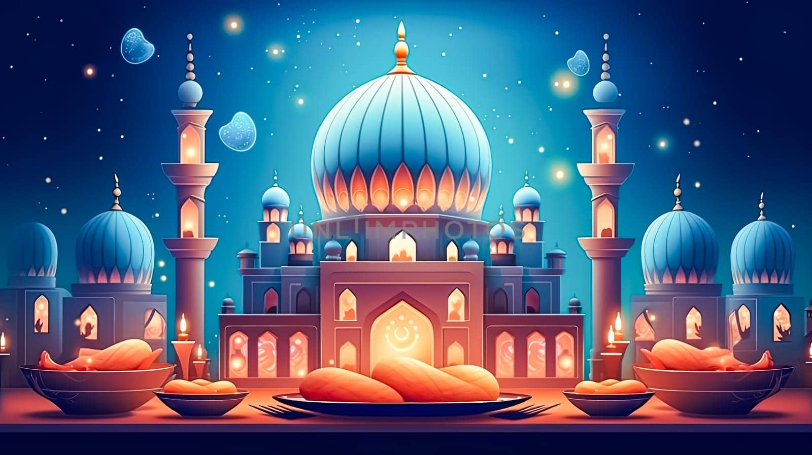 Festive mosque, A symbol of Ramadan celebration a vibrant scene radiating joy and warmth, with heartfelt Ramadan Mubarak greetings in the air