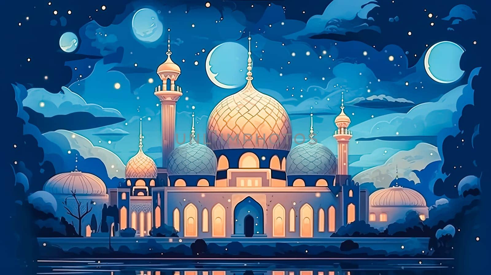 Ramadan brilliance, A mosque illuminated in celebration vibrant colors and Ramadan Mubarak wishes echoing the joyous spirit of the season