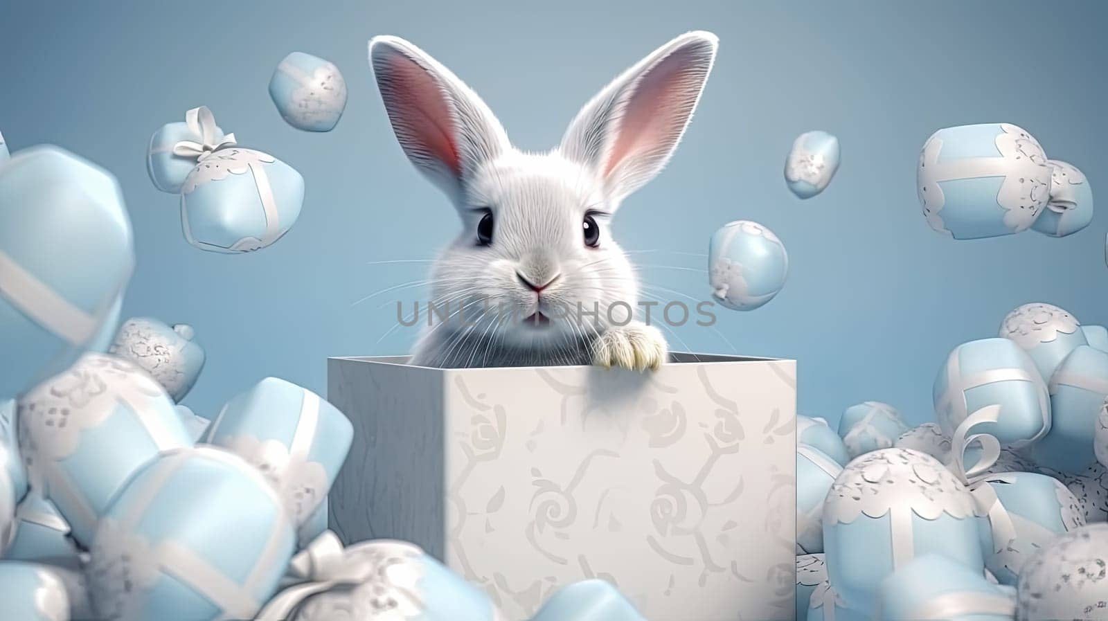 A colorful holiday, the Easter Bunny sits in a gift box surrounded by Easter eggs, a joyful illustration that captures the essence of the festive spirit of Easter and the vibrant energy of spring.