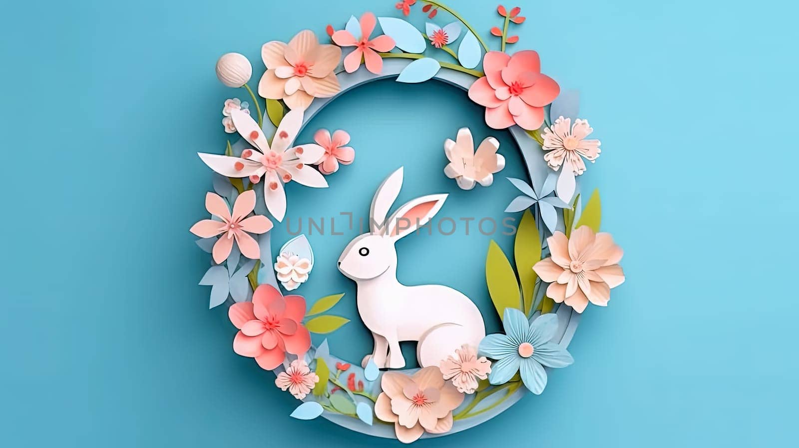 Easter joy unfolds, Bunny on colored paper a vibrant scene resonating with the happiness of the holiday, celebrating the arrival of spring