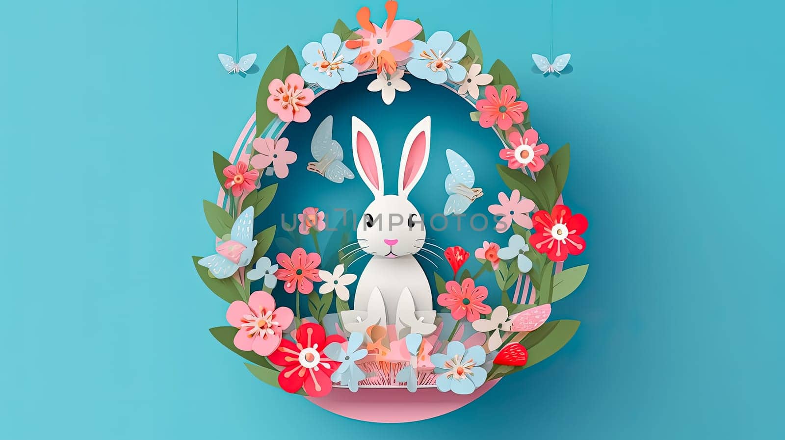 Easter joy unfolds, Bunny on colored paper a vibrant scene resonating with the happiness of the holiday, celebrating the arrival of spring