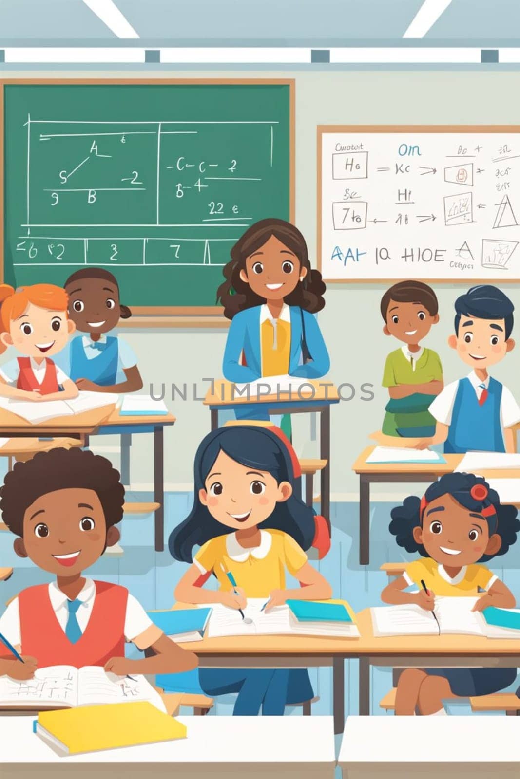 students and pupil in lesson at school in a classroom, bright dayligh, in uniform illustration by verbano