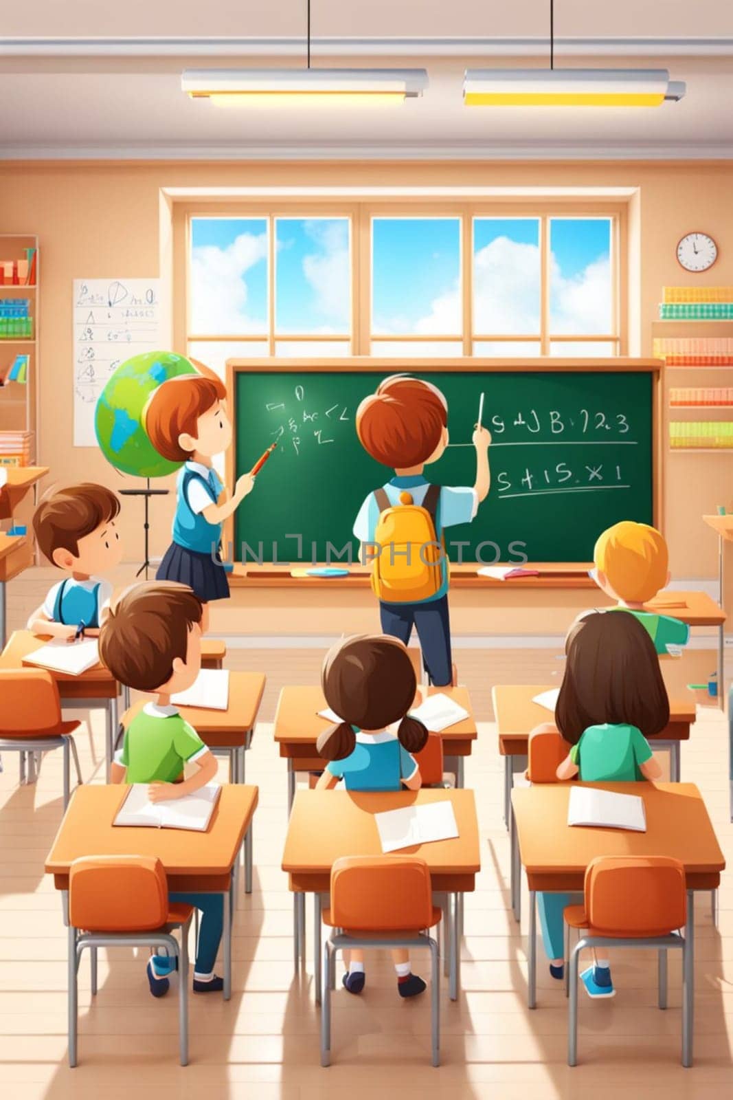 students and pupil in lesson at school in a classroom, bright dayligh, in uniform illustration by verbano