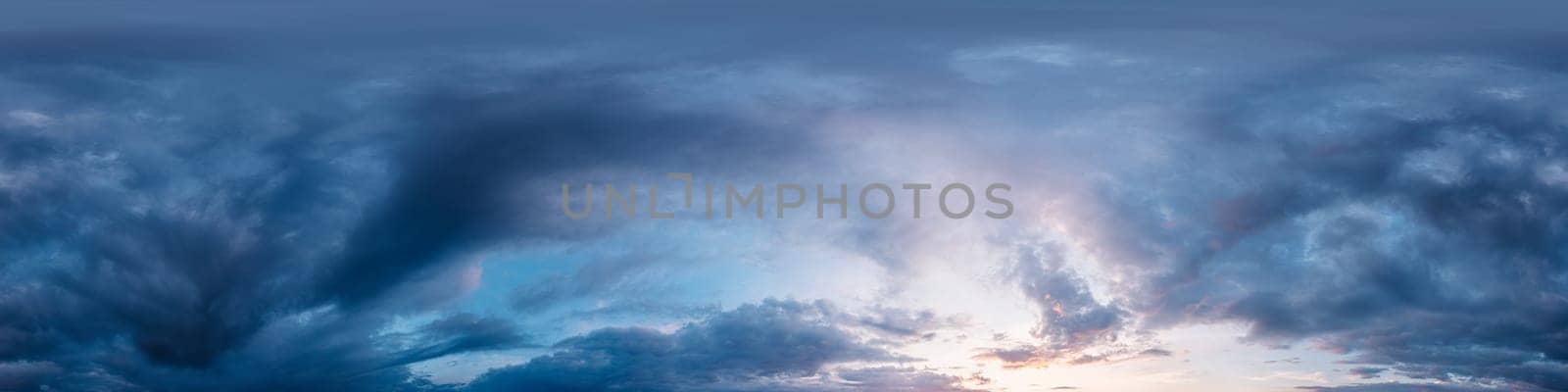 Dramatic sunset sky panorama with bright glowing red pink Cumulus clouds. HDR 360 seamless spherical panorama. Sky dome in 3D, sky replacement for aerial drone panoramas. Climate and weather change. by panophotograph