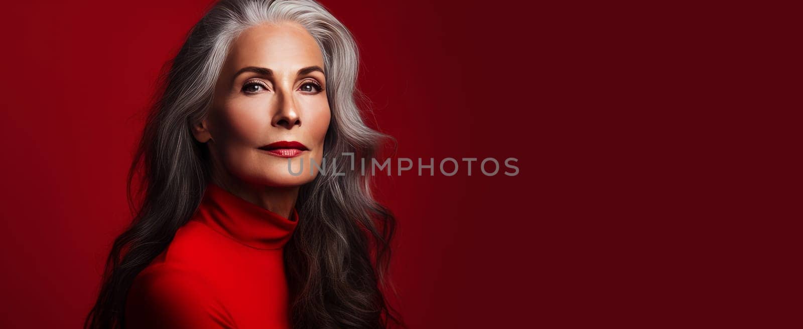Elegant, smiling, elderly, chic, woman with gray long hair and perfect skin, on a red background, banner. Advertising of cosmetic products, spa treatments, shampoos and hair care products, dentistry and medicine, perfumes and cosmetology for women.