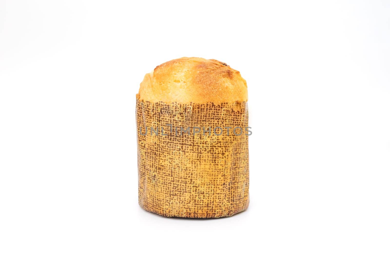 Isolated Mini Panettone Italian Christmas Cake On White Background. Pandoro Cake, Sweet Sponge Bread, Pastry. Originally From Italy, Milan Baked Dessert. Horizontal Plane. High quality photo