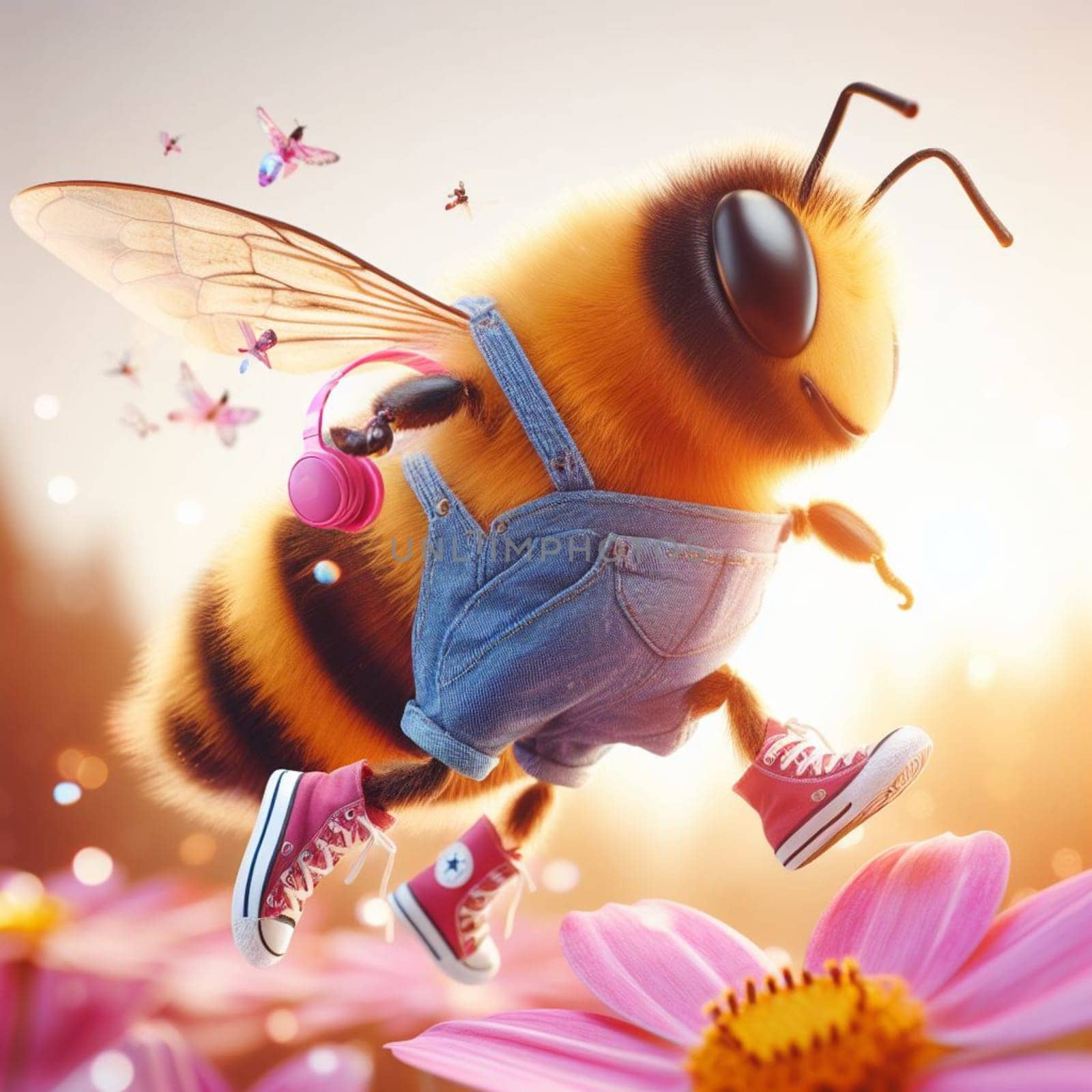 happy comic bee wearing jeans earphones and snikers at flower at sunrise macro close up shot by verbano