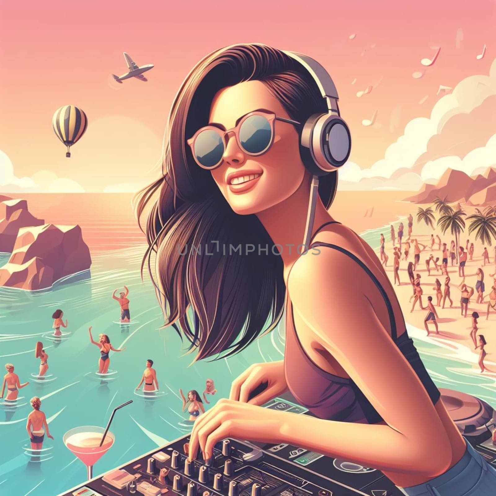 woman dj , wearing glasses earphone hosting dj set at crowded beach party in tropical island sunset by verbano