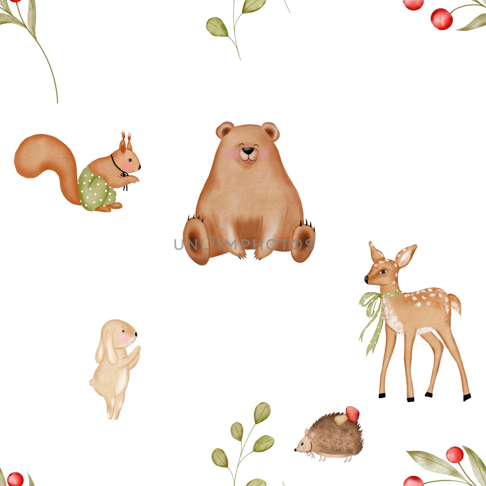 Watercolor seamless pattern of cute forest animals. Cute bear, fawn, bunny, hedgehog and squirrel. For printing on textiles and children's bedding by TatyanaTrushcheleva