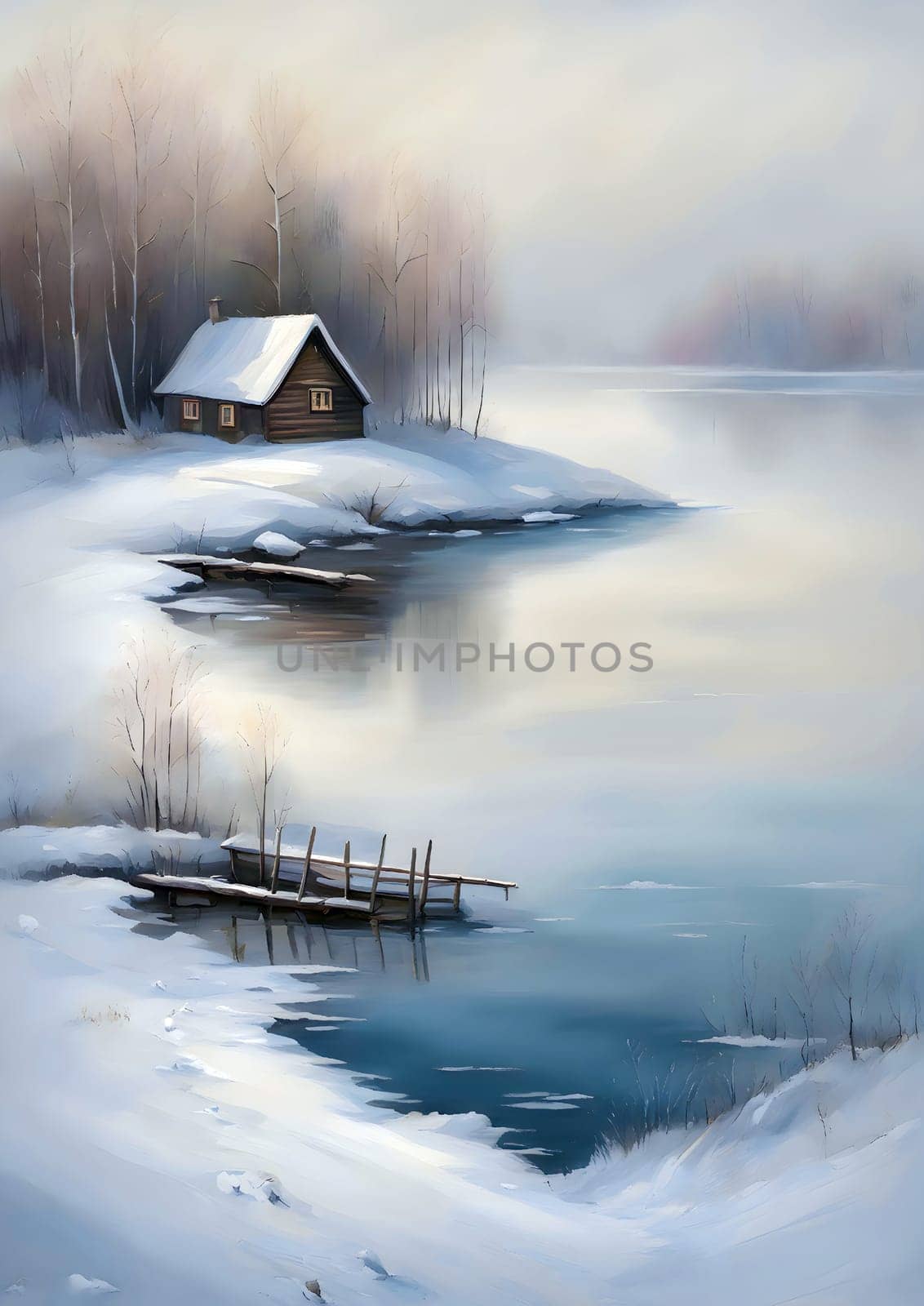 The picture shows a painting of a winter landscape with a cottage on the shore of a lake. The cottage is small, wooden and surrounded by trees. The lake is frozen and the sky is blue. Generate AI