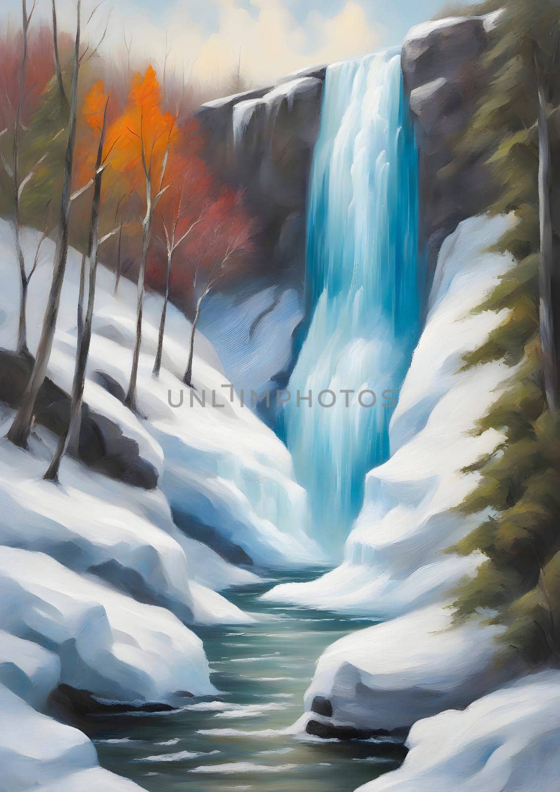 The picture shows a waterfall in winter. The waterfall is covered with ice and snow, creating a beautiful winter scenery. In the background there is a forest and a mountain. Generate AI