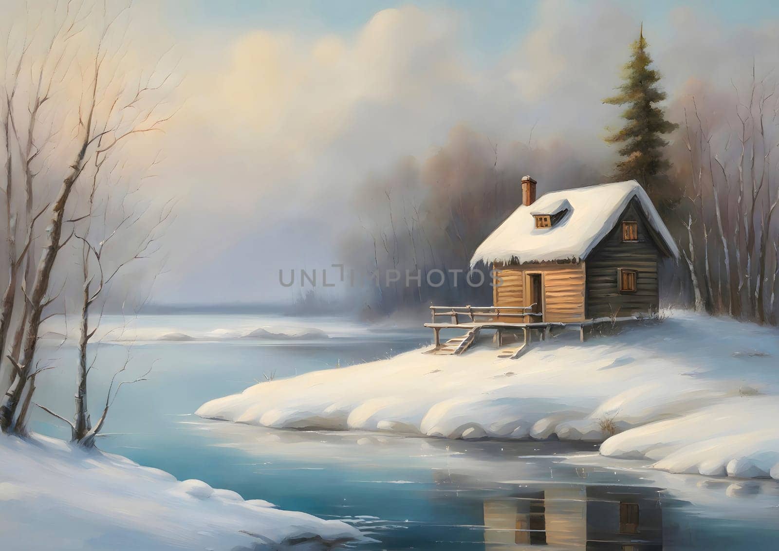 This beautiful illustration shows a wooden cabin in winter. The cottage is covered with snow and stands on the bank of the river. by rostik924