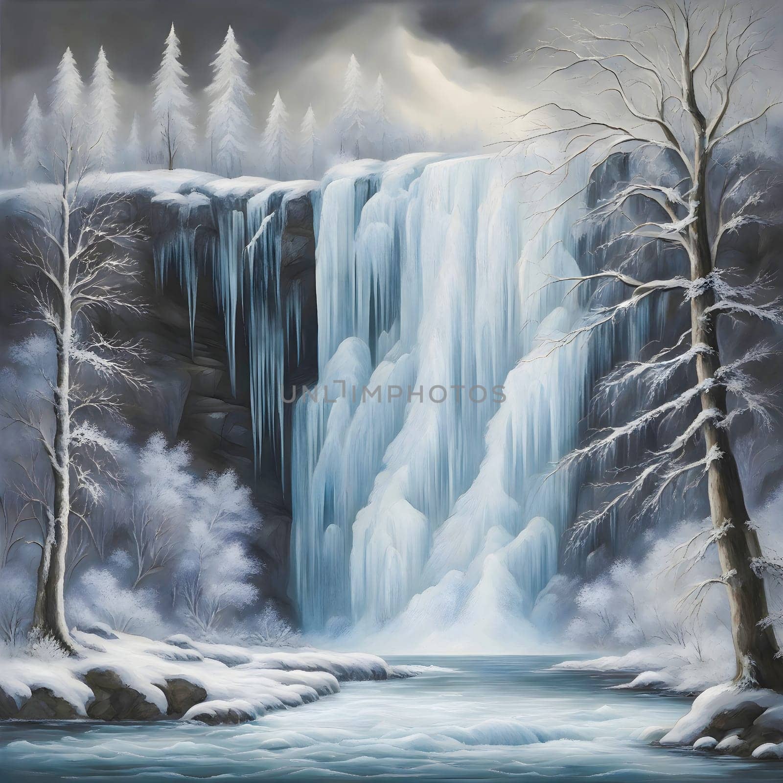 This beautiful illustration shows an icy waterfall in winter. The waterfall is tall and narrow, and its streams of water are icy and sharp. Ice crystals are reflected in the rays of the sun that penetrate through the clouds. Generated AI