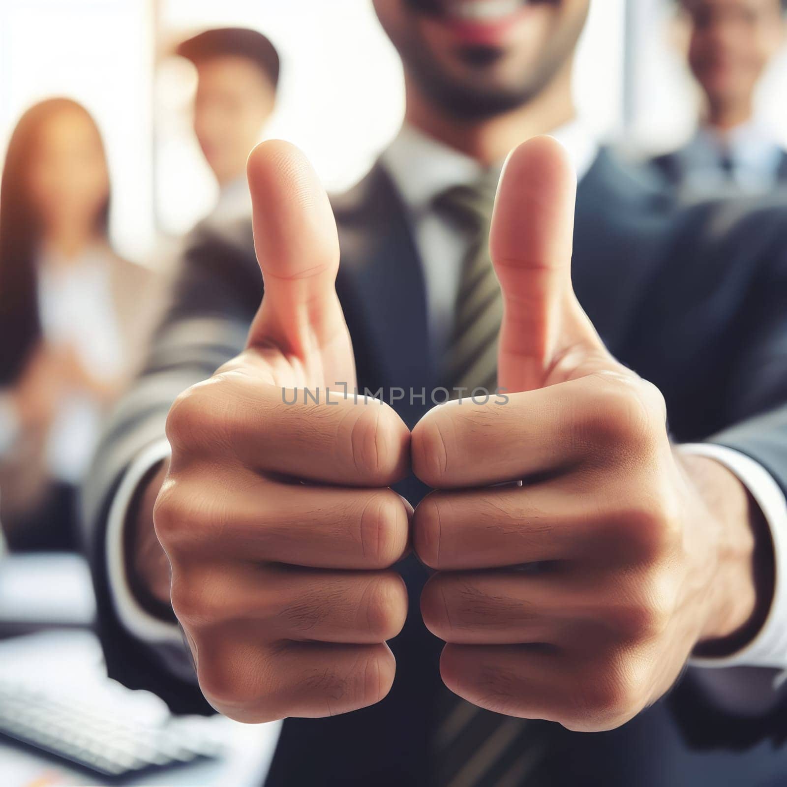 Hands showing thumbs up with business men endorsing, giving approval or saying thank you as a team in the office. Closeup of corporate professionals hand gesturing in the positive or affirmative