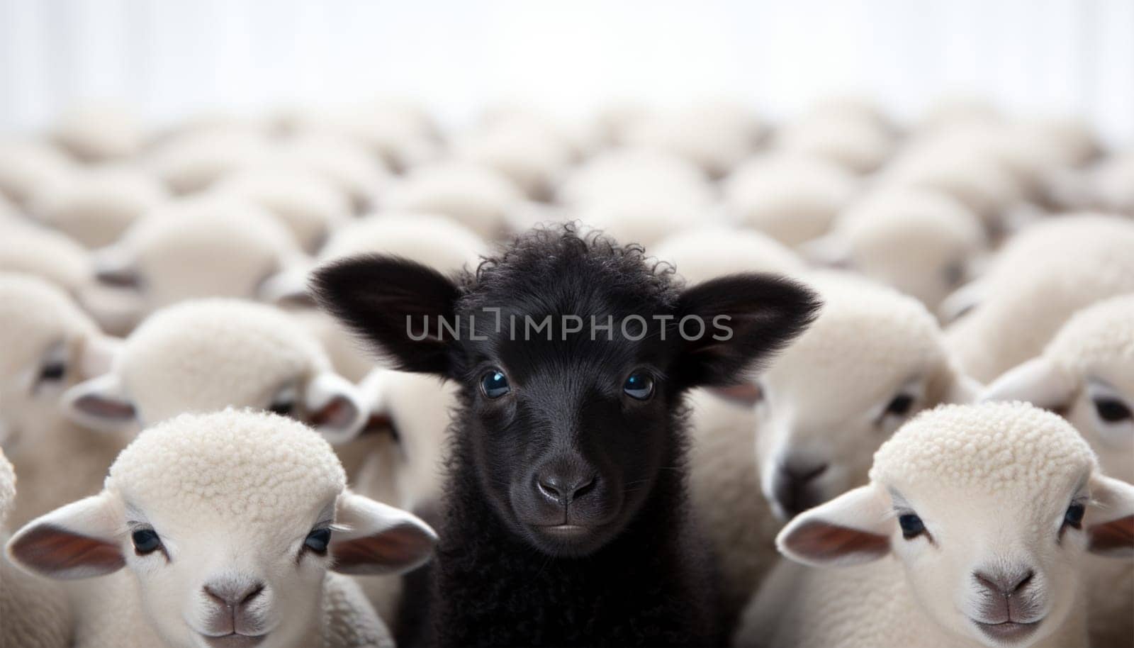 Standing out of the crowd. Dare to be different concept. A black sheep among the herd of white sheep. Black sheep of the family concept design close up