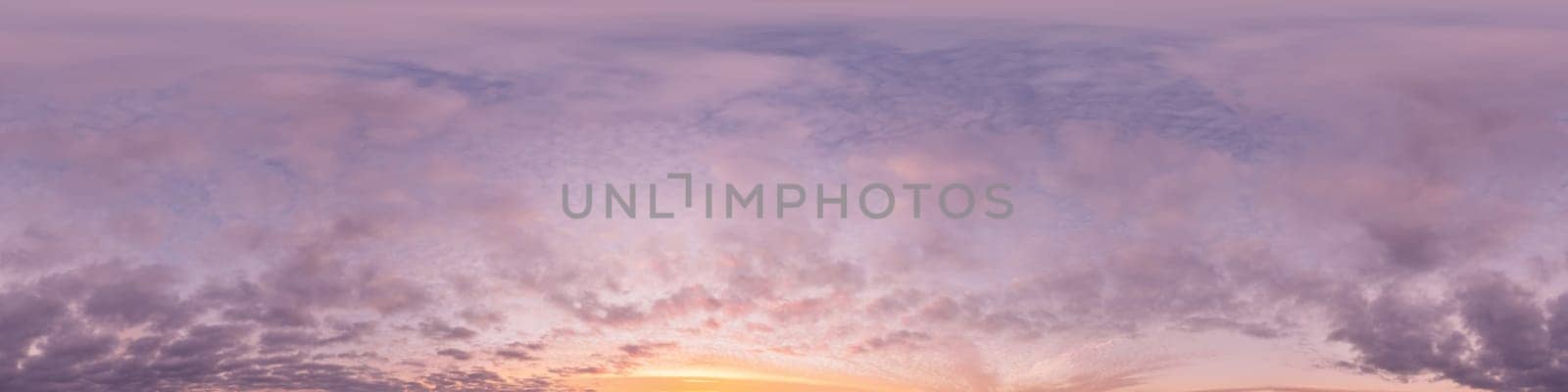 Sunset sky panorama with bright glowing pink Cumulus clouds. HDR 360 seamless spherical panorama. Full zenith or sky dome in 3D, sky replacement for aerial drone panoramas. Climate and weather change. by panophotograph