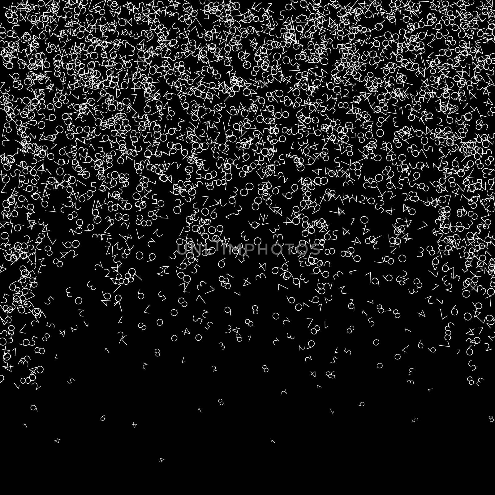 Falling numbers, big data concept. Binary white chaotic flying digits. Elegant futuristic banner on black background. Digital illustration with falling numbers.