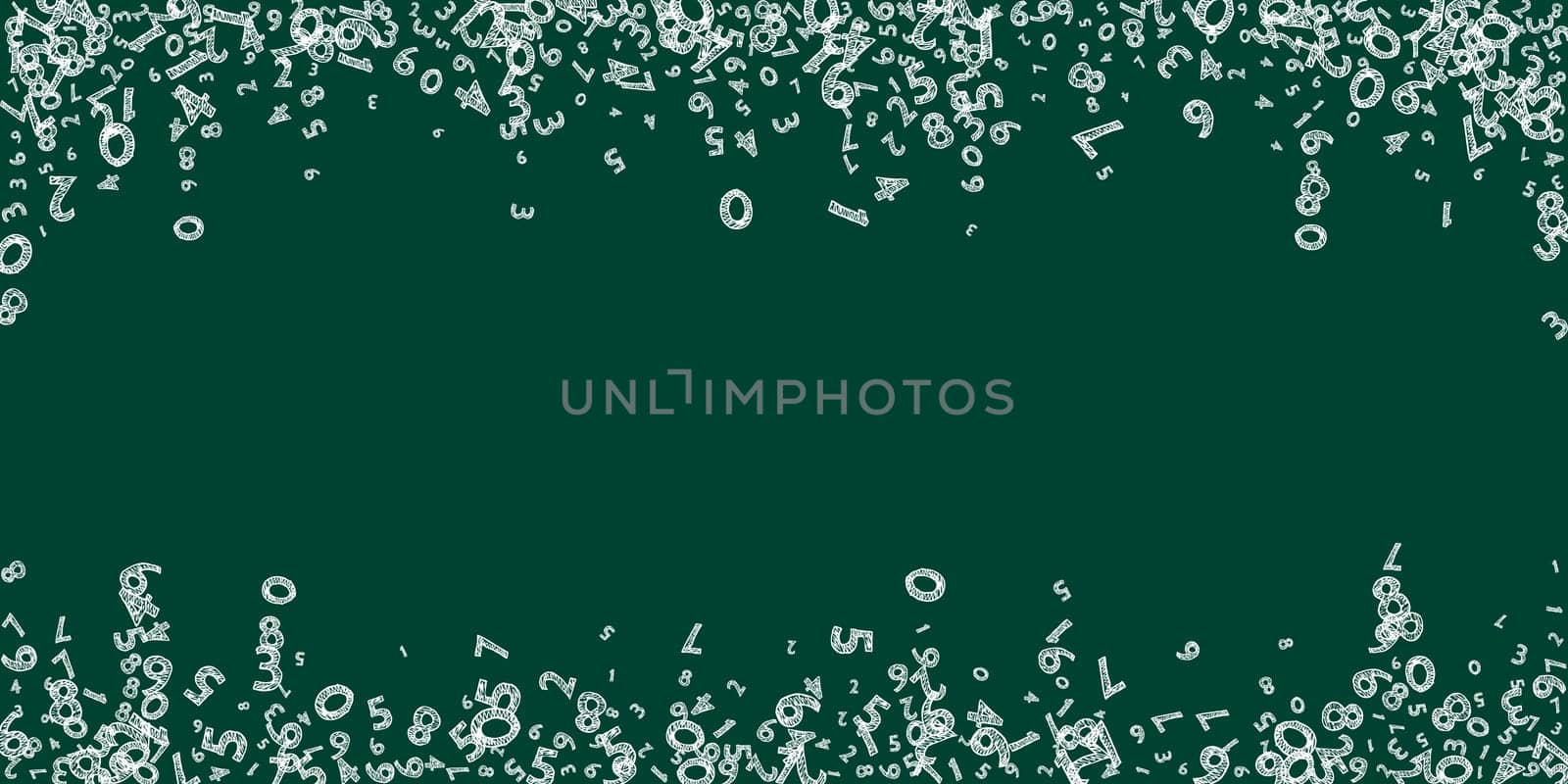Falling childish chalk numbers. Math study concept with flying digits. Likable back to school mathematics banner on blackboard background. Falling numbers illustration.