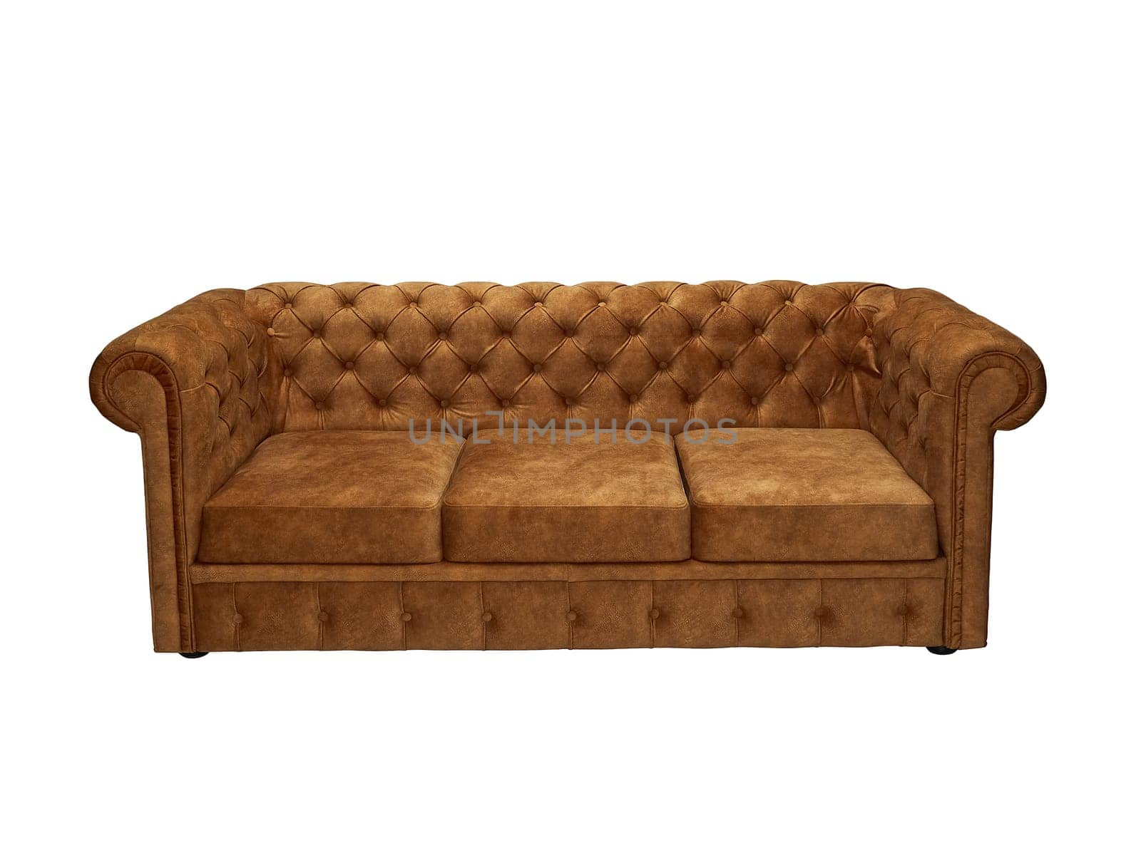 brown fabric sofa isolated on white background, front view. couch, furniture in minimal style, interior, home design