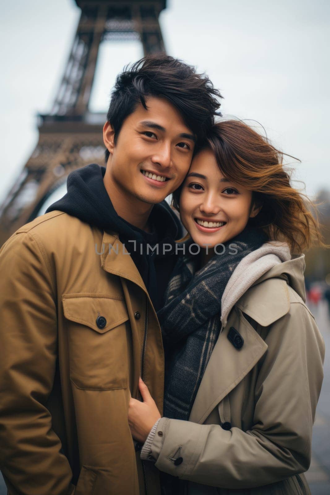 Asian cheerful happy couple in love visiting Paris city centre and Eiffel Tower. Asian tourists travelling in Europe and dating outdoors. AI Generated