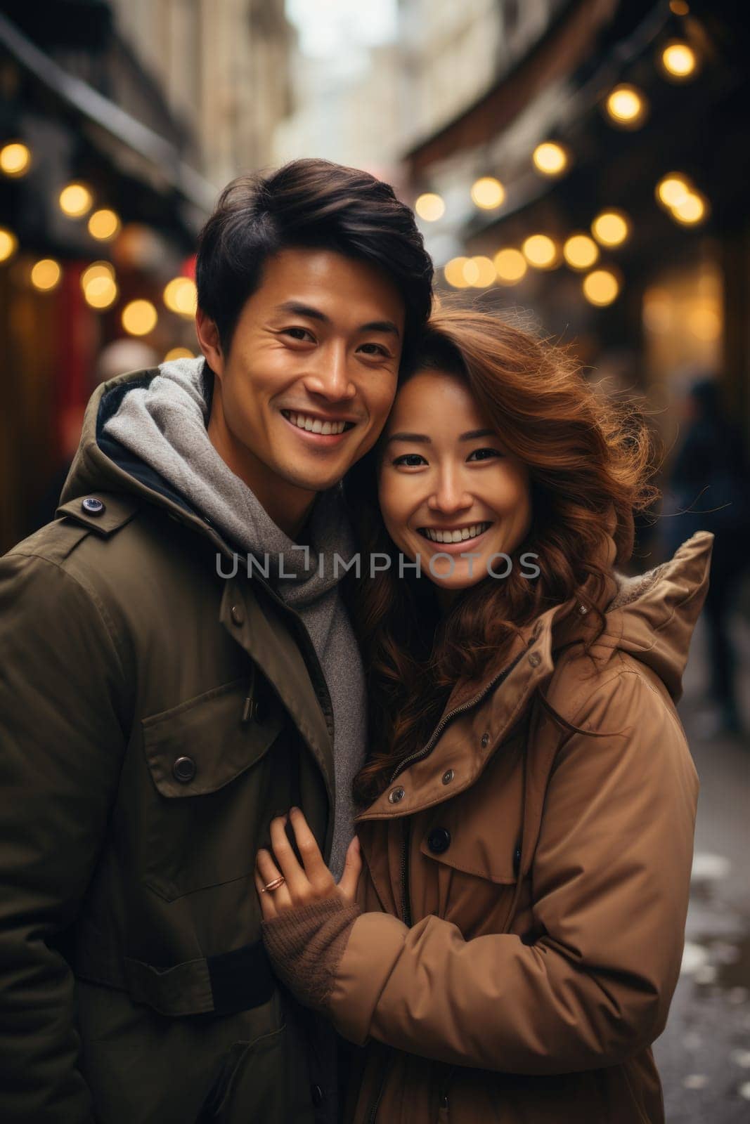 Asian cheerful happy couple in love visiting Paris city centre and Eiffel Tower. Asian tourists travelling in Europe and dating outdoors. AI Generated