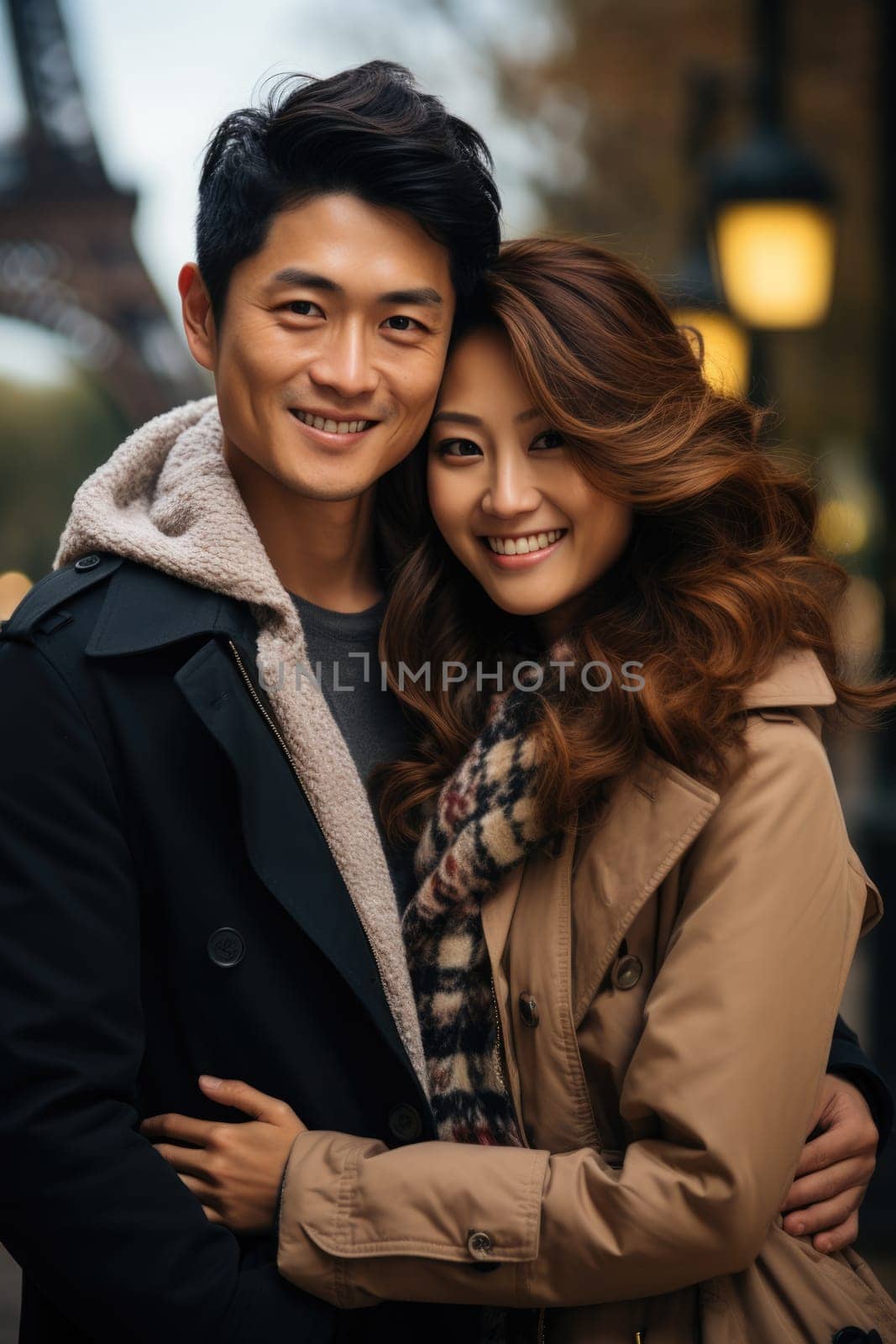 Asian cheerful happy couple in love visiting Paris city centre and Eiffel Tower. Asian tourists travelling in Europe and dating outdoors. AI Generated