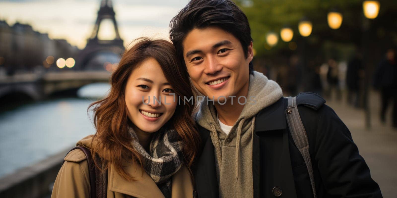 Asian happy couple in love visiting Paris city . AI Generated by Desperada