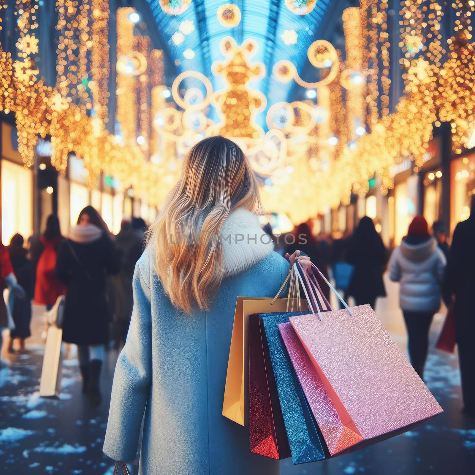 woman walking with shopping bags with christmas background.