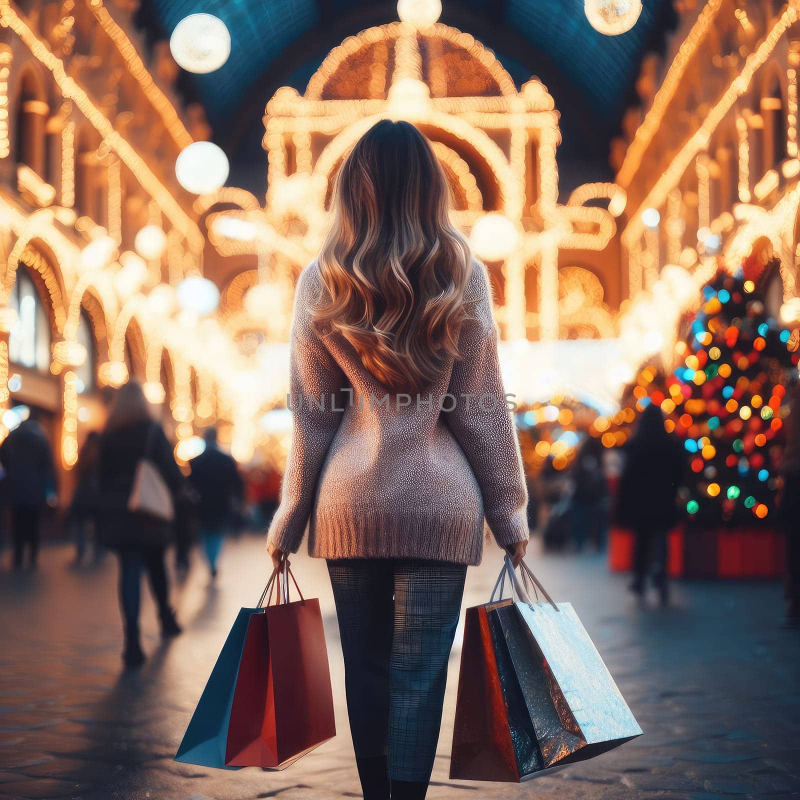 woman walking with shopping bags with christmas background by Kobysh