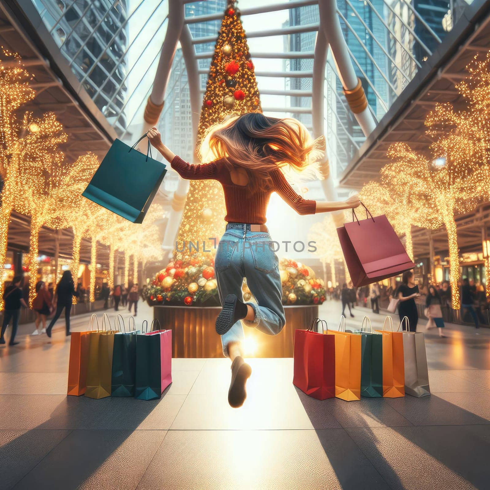 woman walking with shopping bags with christmas background by Kobysh