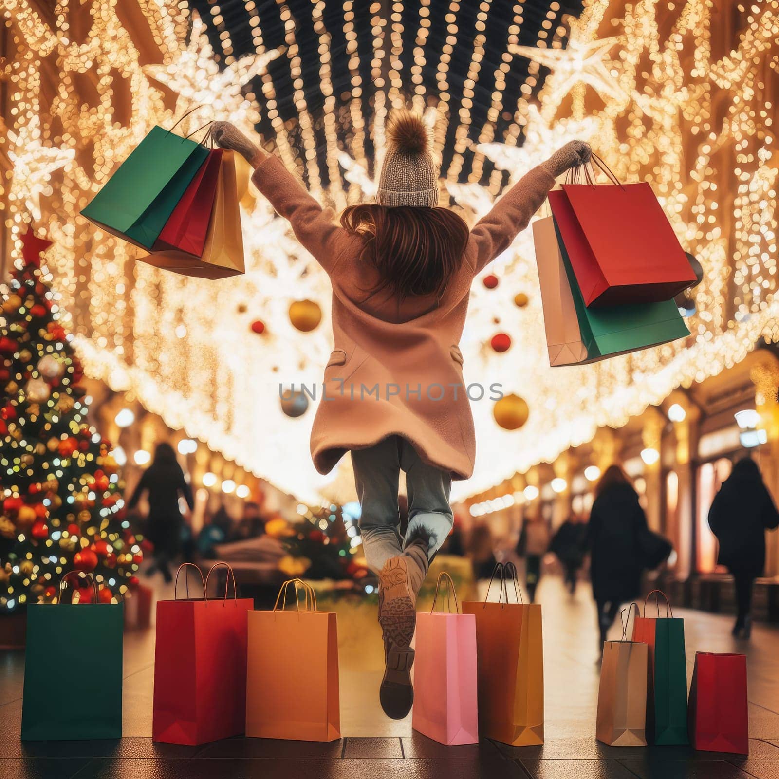 woman walking with shopping bags with christmas background.