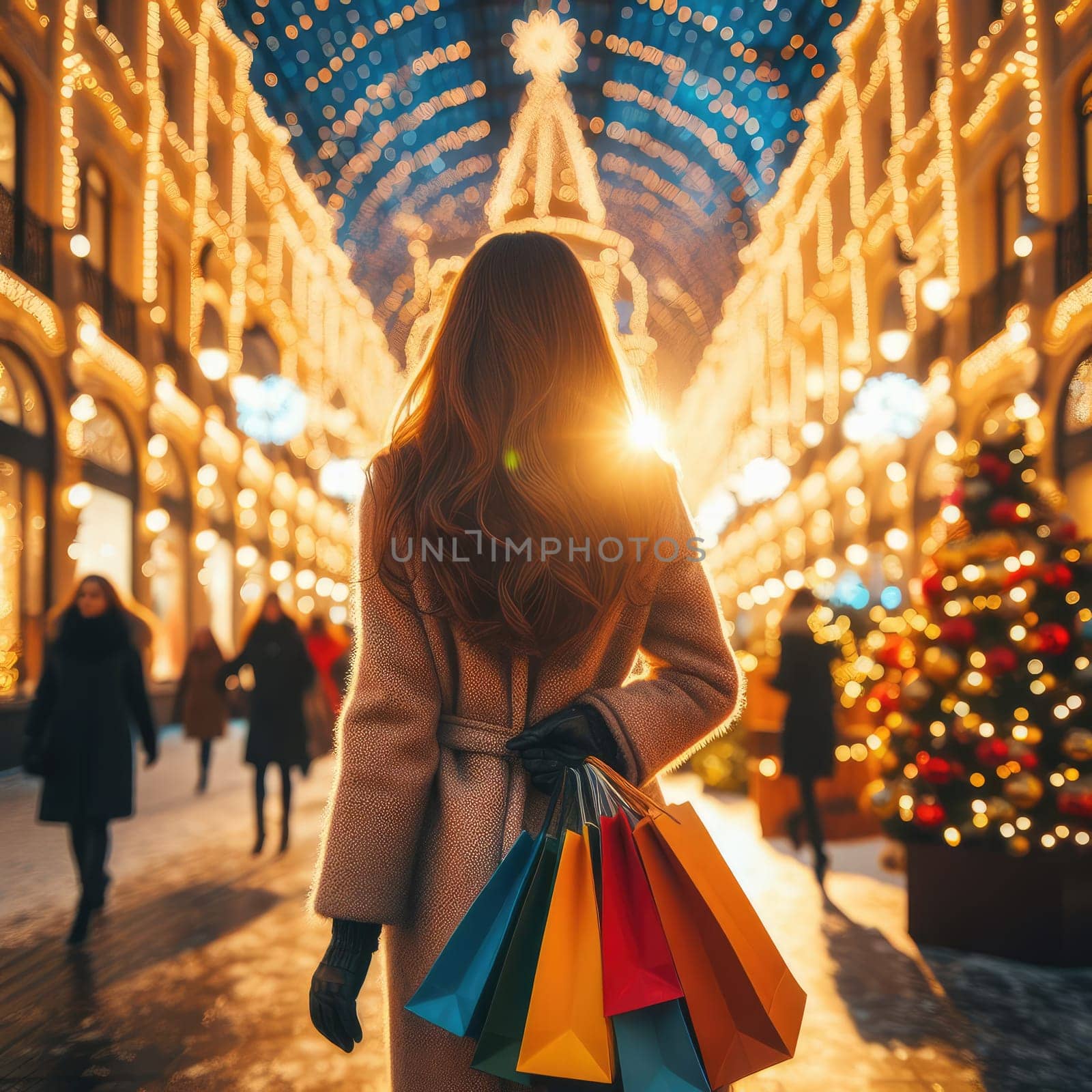 woman walking with shopping bags with christmas background.