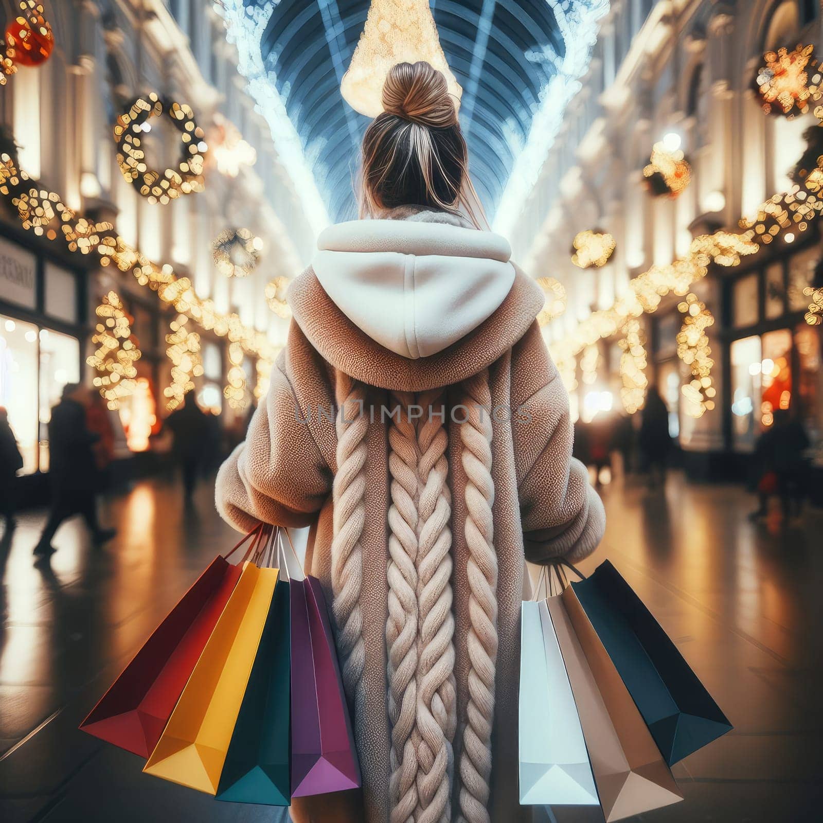 woman walking with shopping bags with christmas background by Kobysh