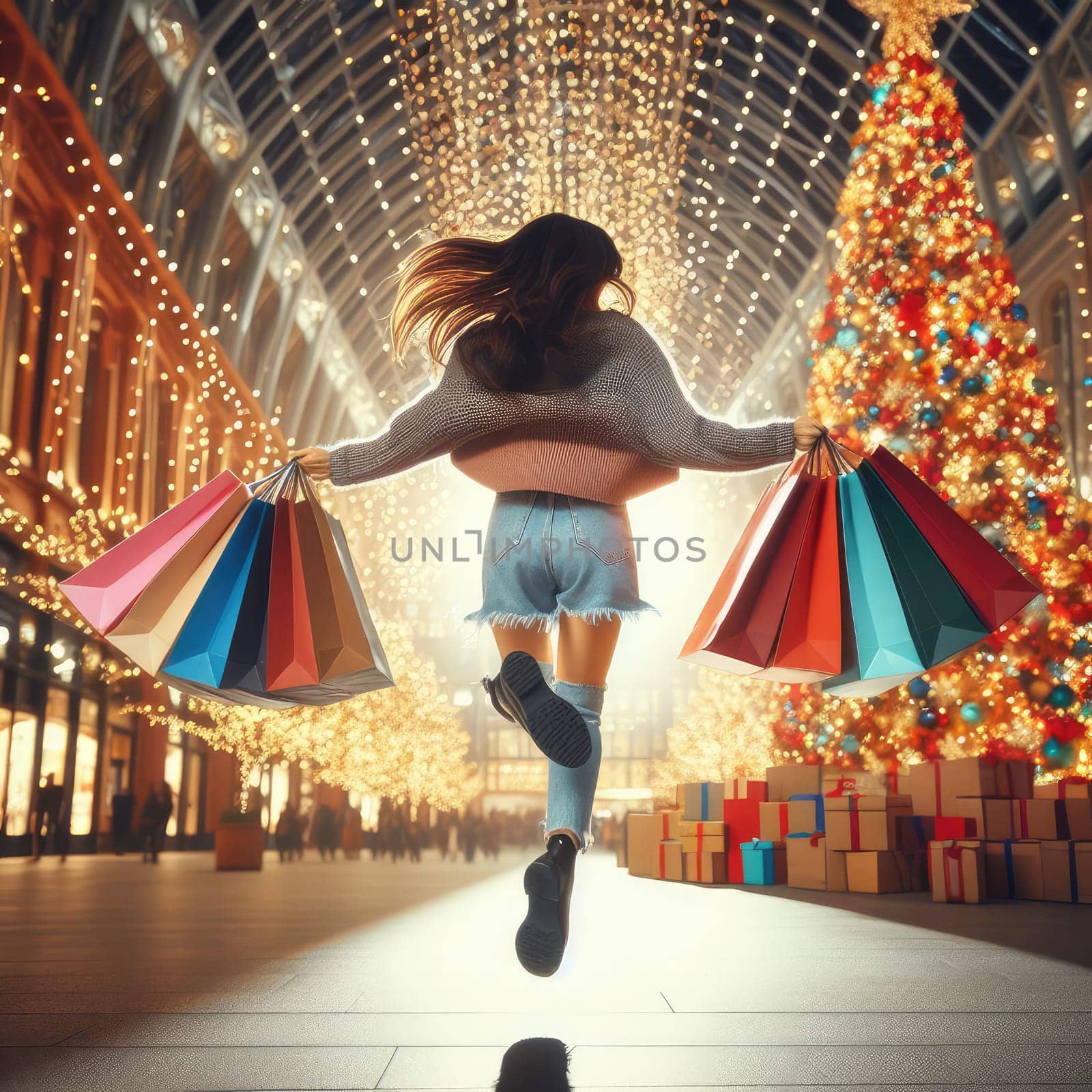 woman walking with shopping bags with christmas background.