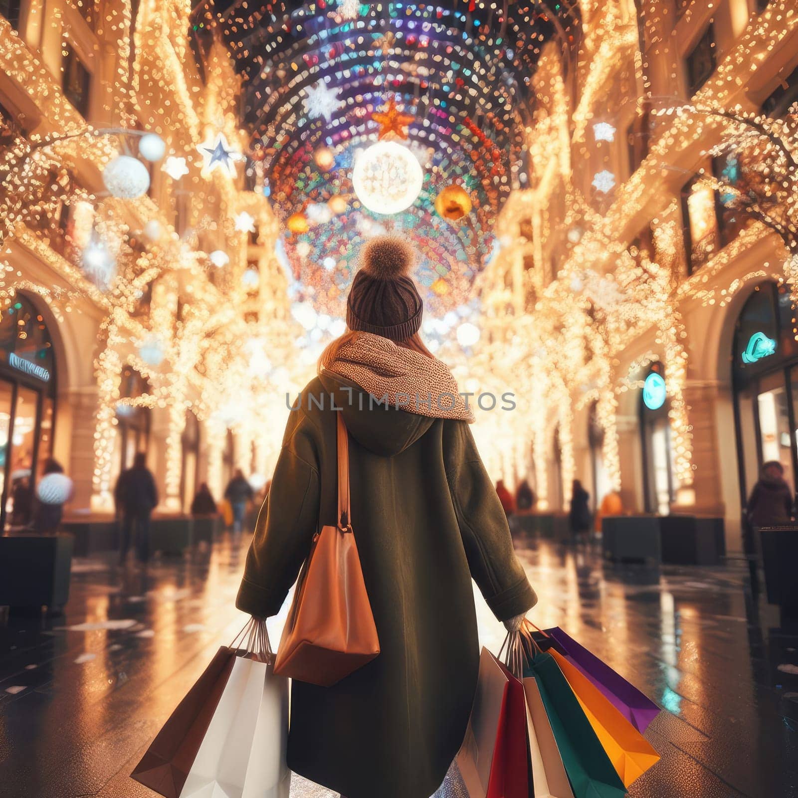 woman walking with shopping bags with christmas background.