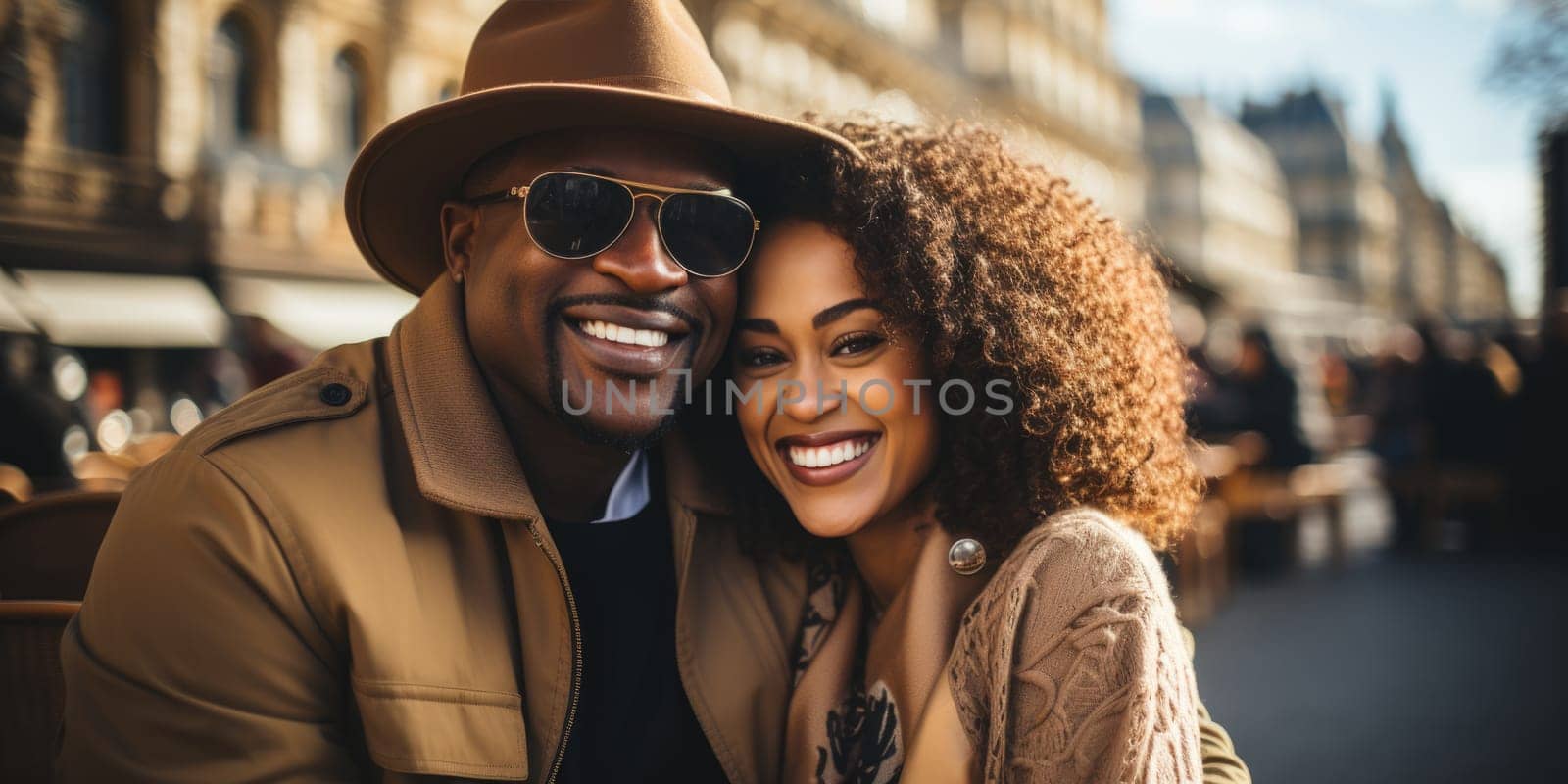 African americancheerful happy couple in love visiting Paris city centre and Eiffel Tower. tourists travelling in Europe and dating outdoors. AI Generated