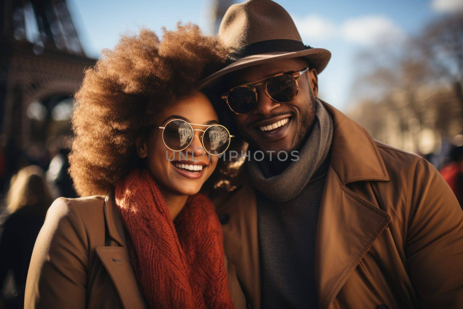 African american happy couple in love visiting Paris city . AI Generated by Desperada