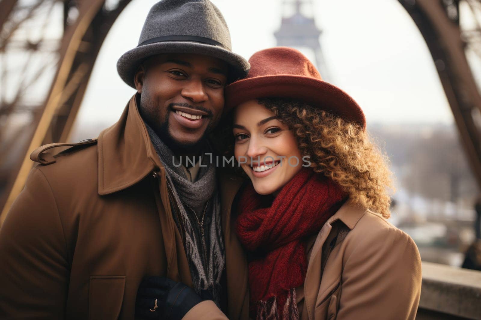 African americancheerful happy couple in love visiting Paris city centre and Eiffel Tower. tourists travelling in Europe and dating outdoors. AI Generated