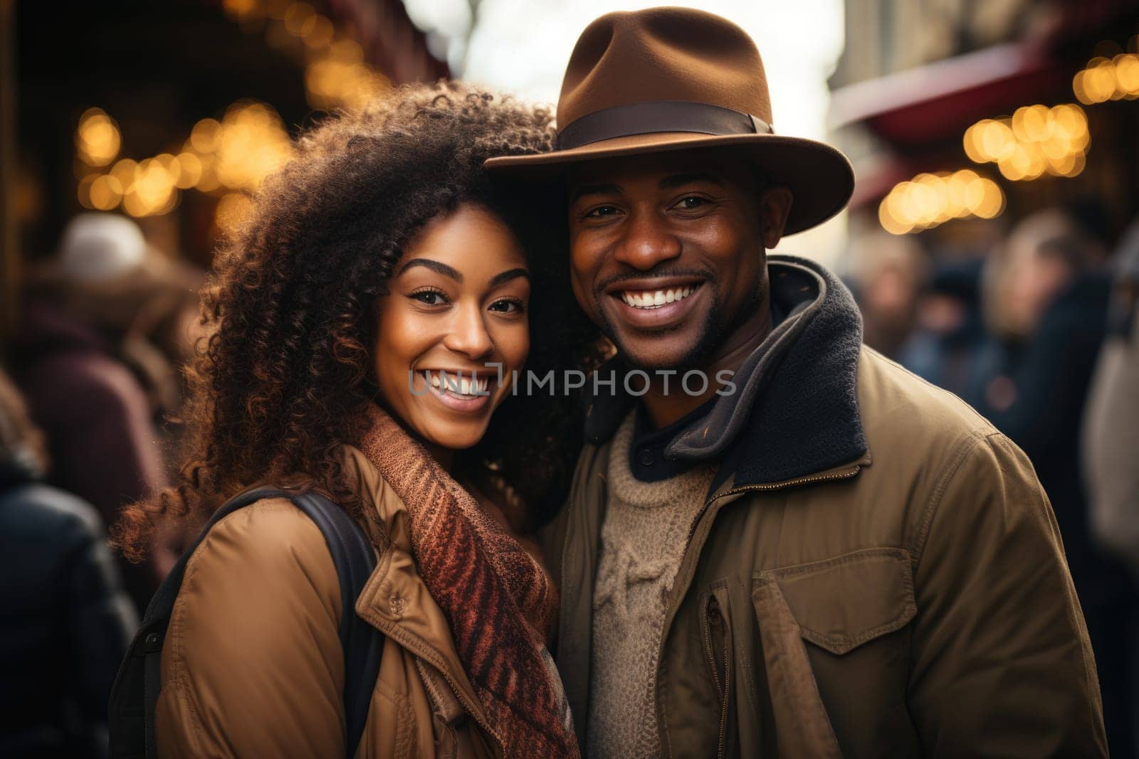 African americancheerful happy couple in love visiting Paris city centre and Eiffel Tower. tourists travelling in Europe and dating outdoors. AI Generated