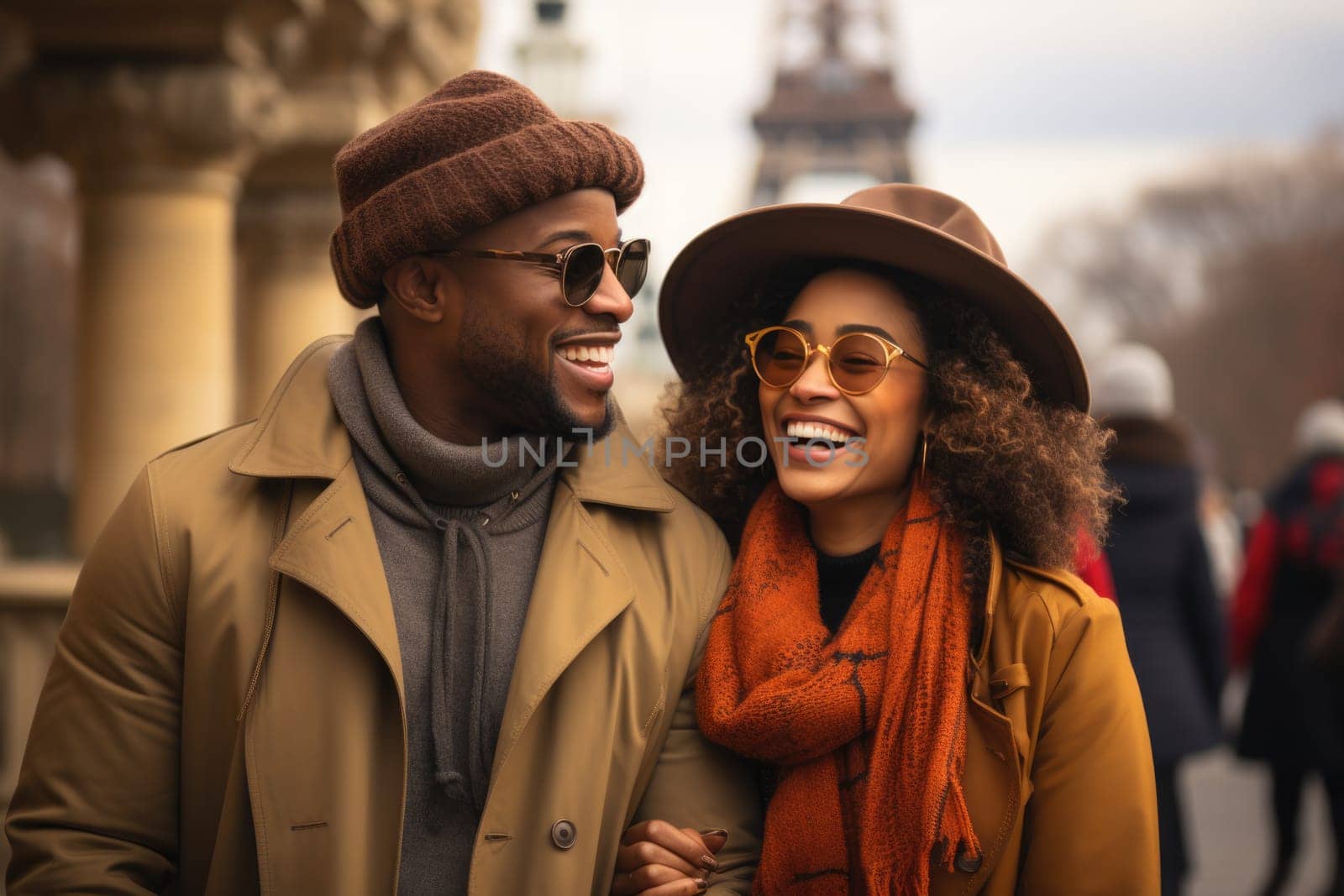 African americancheerful happy couple in love visiting Paris city centre and Eiffel Tower. tourists travelling in Europe and dating outdoors. AI Generated