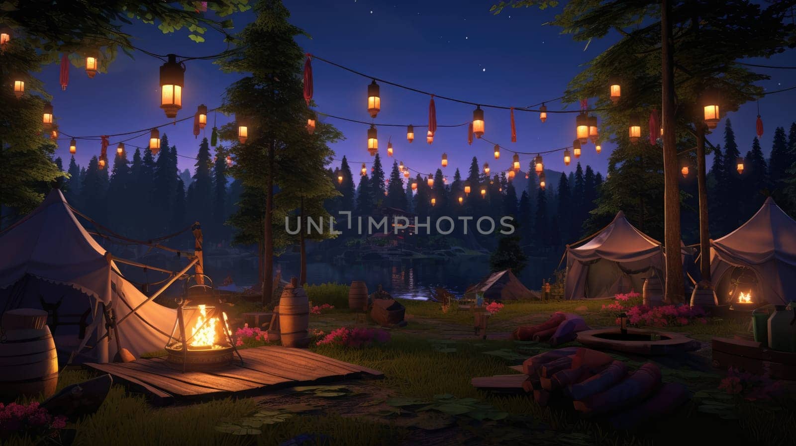 A campsite at twilight cartoon illustration - Generative AI. Lantern, chair, campfire, lake, forest.