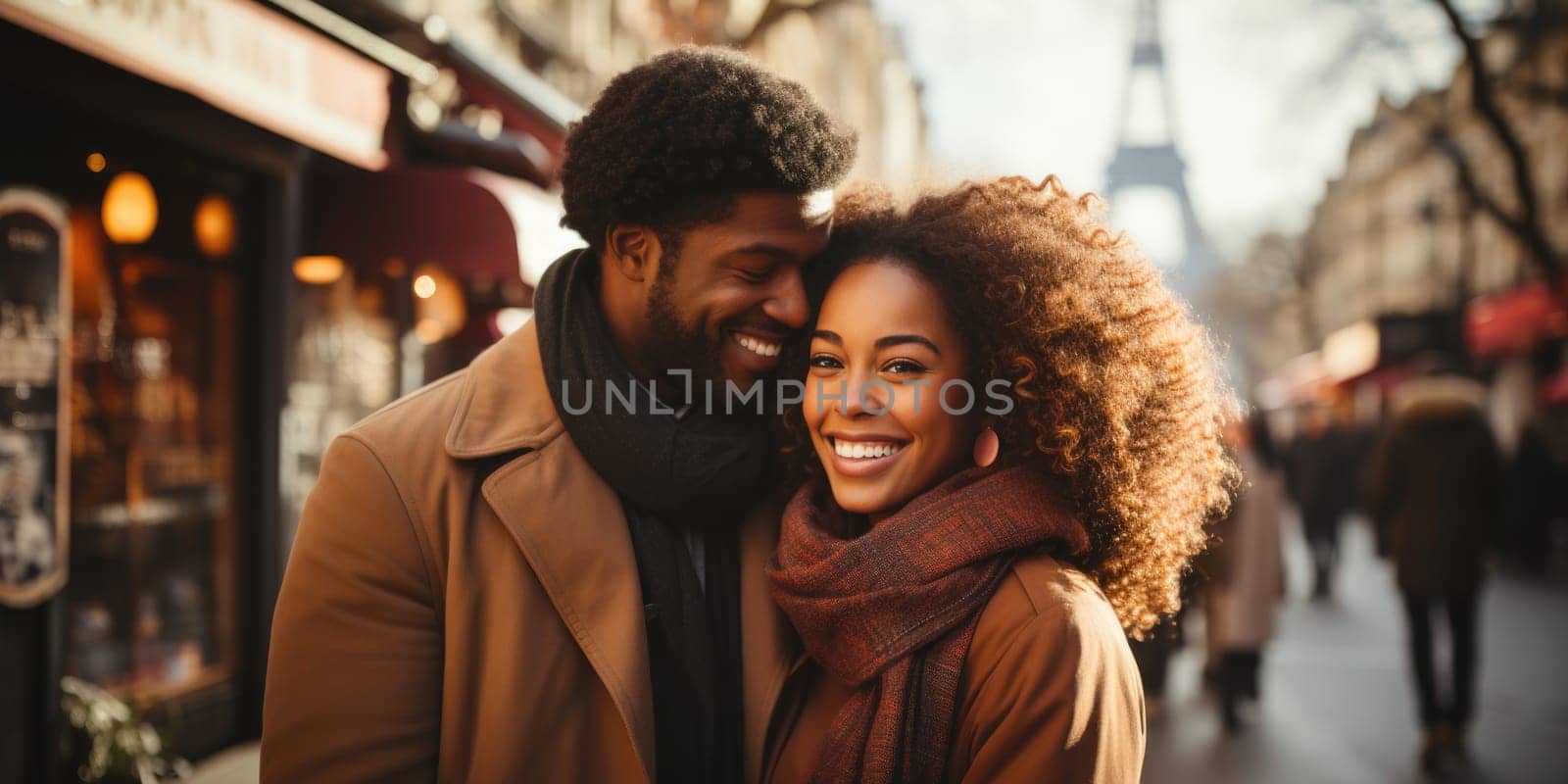 African americancheerful happy couple in love visiting Paris city centre and Eiffel Tower. tourists travelling in Europe and dating outdoors. AI Generated