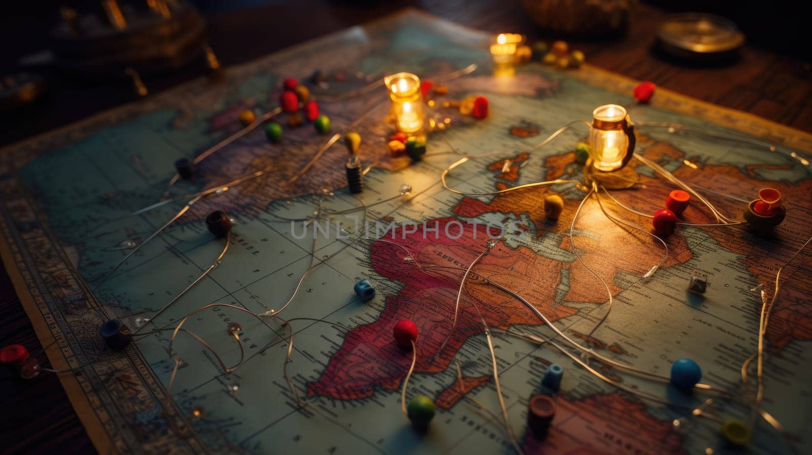 A world map with pins photo realistic illustration - Generative AI. World, map, pins, colorful.