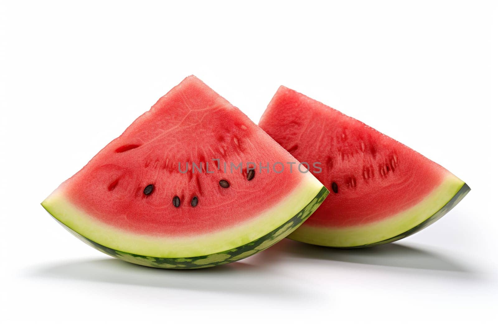 Pieces of juicy ripe watermelon on a white background. Generated by artificial intelligence by Vovmar